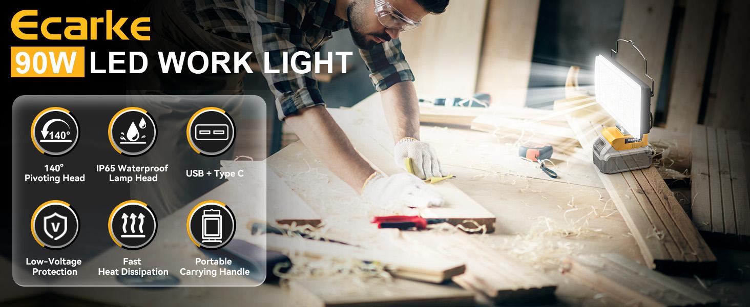 LED Work Light Compatible with Dewalt,【Battery NOT Included】, 100W 7000LM 7" Flood Battery Light, Cordless LED Flashlights with USB & Type-C & Low Voltage Protection & 140° Pivoting Head for Emergency & Job Site