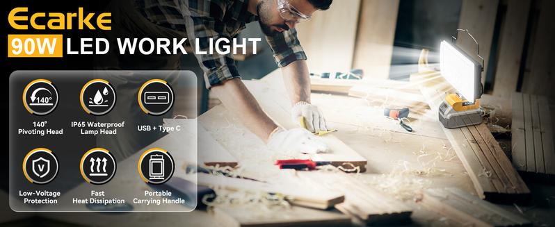 LED Work Light Compatible with Dewalt,【Battery NOT Included】, 100W 7000LM 7" Flood Battery Light, Cordless LED Flashlights with USB & Type-C & Low Voltage Protection & 140° Pivoting Head for Emergency & Job Site