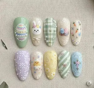 Pastel Easter Press On Nails with Bunny, Chick and Egg Art, Cute Spring Floral Almond Nail Set