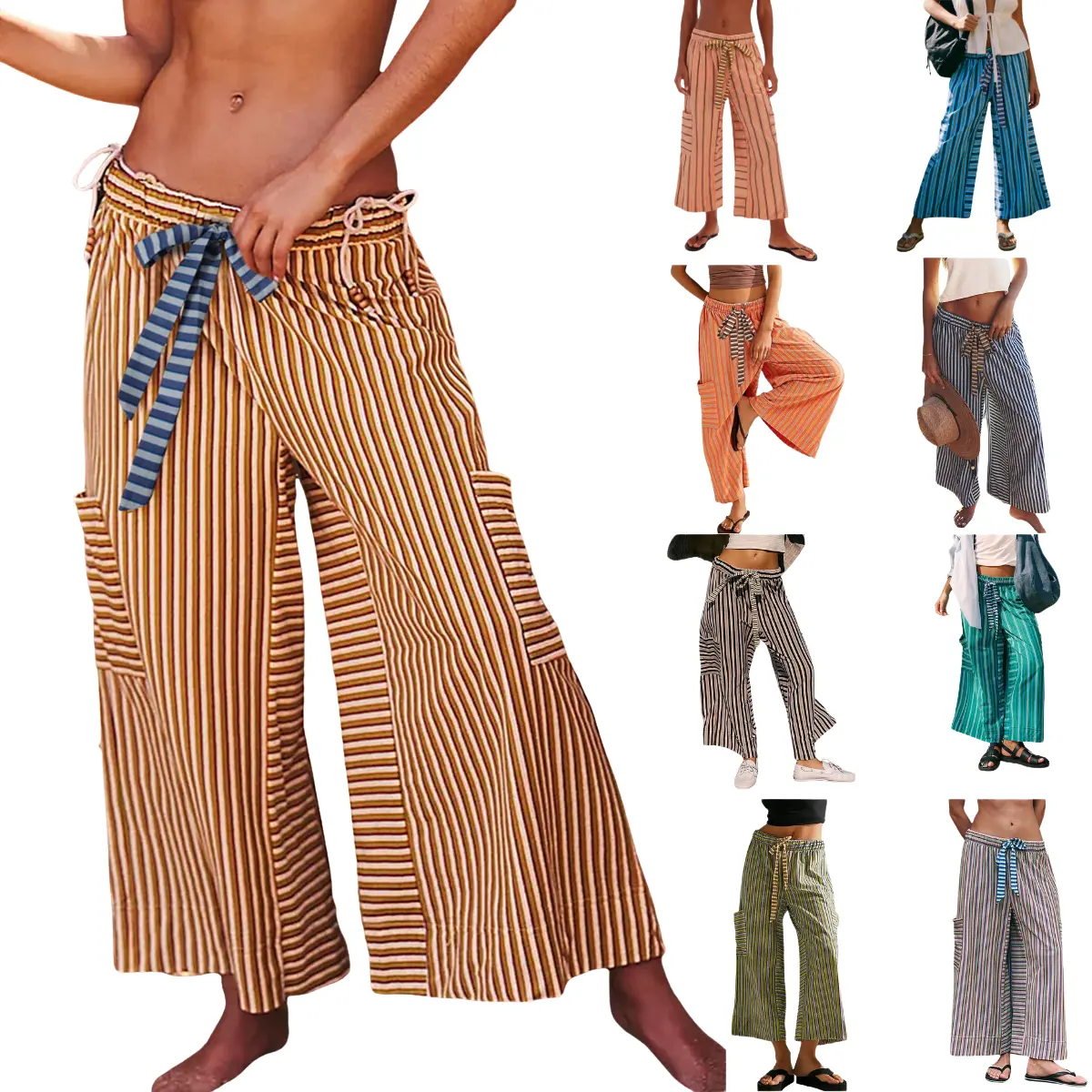 Yeokou Women's Casual Striped Pants, Comfortable 100% Cotton Wide Leg Lounge Trousers with Pockets and Adjustable Drawstring Waist for Summer, Bottom, Everyday, Baggy, Oversize, Women's Fashion, Clothes, Loose Wide Leg Pants, Fashion Apparel, Trending Clo