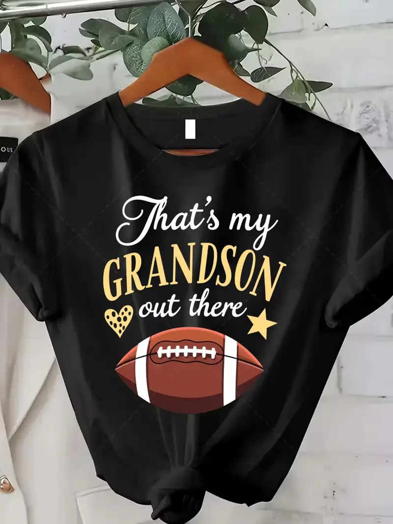 That’s My Grandson Out There Football Front Print Cotton T-Shirt, Game Day Family Support Graphic Short Sleeve Tee