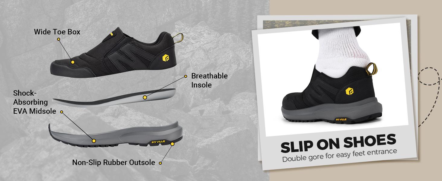 FitVille Men's Explorer Outdoor Slip-On Sneakers V2 Durable Synthetic Leather Rubber Sole for Casual Walking and Running Outdoorfun Athletic Shoes Mesh Shoes SpringStatements