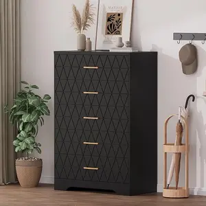 5 Drawers Tall Dresser for Bedroom, Modern Nightstand for Bedside Closet, Wood Chest of Drawers with Gold Handles, Wooden Storage Cabinet and Organizer for Living Room, Hallway, Entryway
