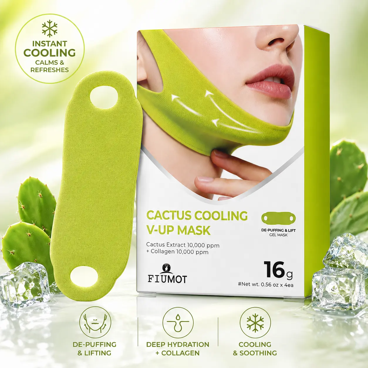 Cactus Cooling V Lift Face Mask Firming Jawline Mask Lightweight Hydration Sheet Mask For Skin Tightening Smoothing Puffiness Care And Visible Face Contour Improvement Morning Night Skincare Routine Gift Choice 4PCS
