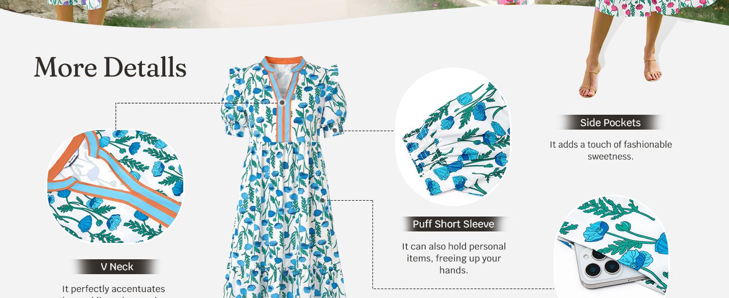 Wenrine Women's Summer Midi Dress Casual Floral Puff Short Sleeve V Neck Swing Flowy Boho Beach Dresses with Pockets Wenrine Women's Summer Midi Dress Casual Floral Puff Short Sleeve V Neck Swing Flowy Boho Beach Dresses with Pockets
