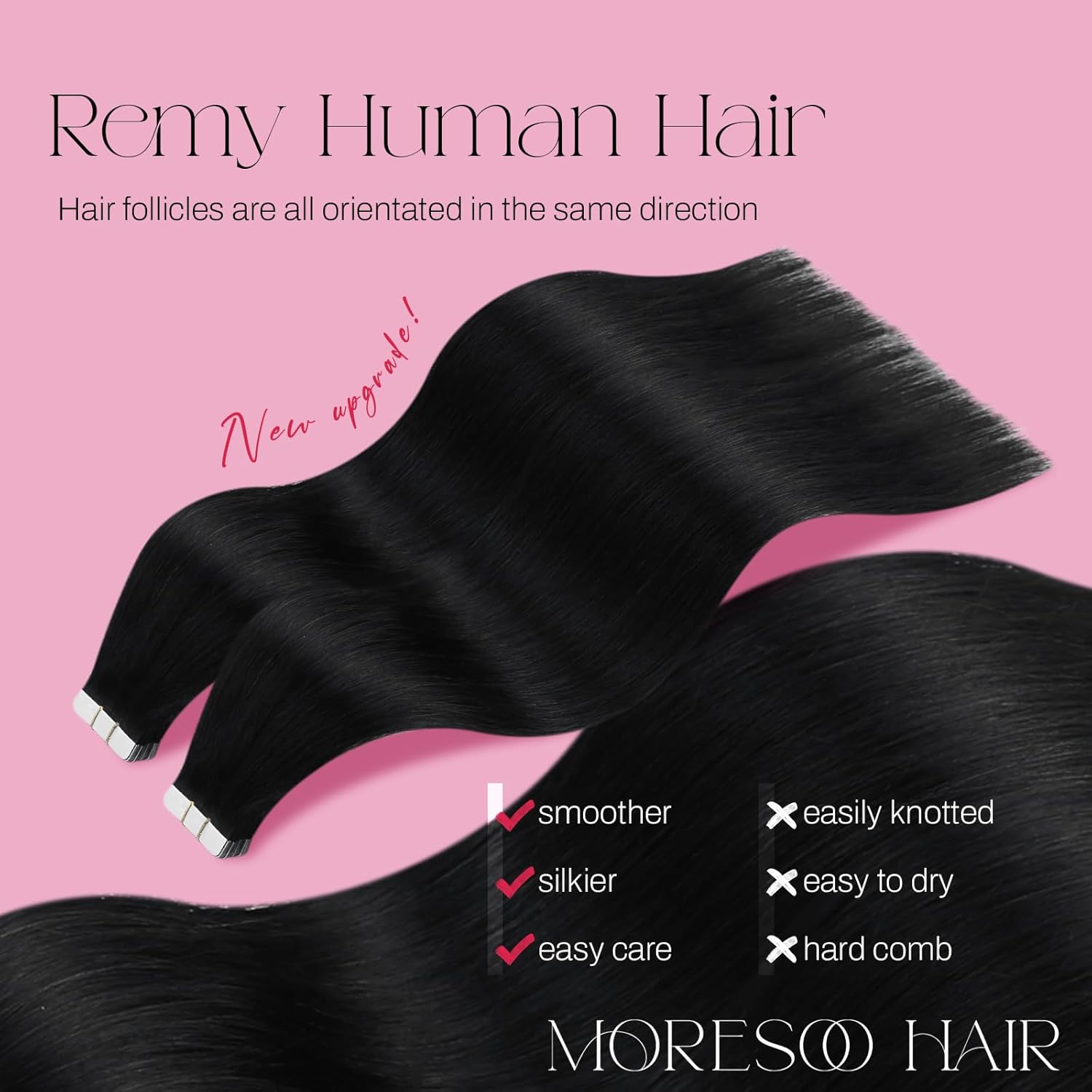 MORESOO Straight Tape-In Human Hair Extensions Natural Straight Remy Hair Seamless Tape Ins Invisible Real Human Hair Tape on Black Human Hair Extensions SpringStatements