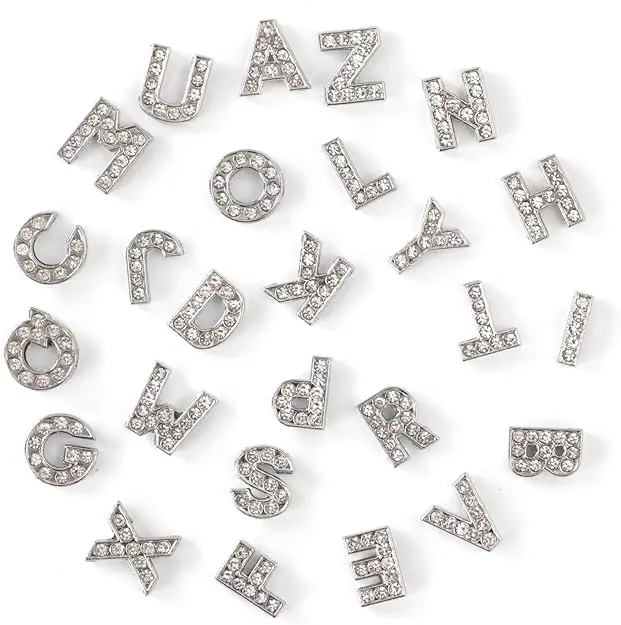 52PCS 8mm Full Rhinestone Alphabet Charms A-Z DIY Alloy Letter Beads for Bracelets Necklaces Jewelry Making Shiny Silver Chrome Crystal Name Initial Charms