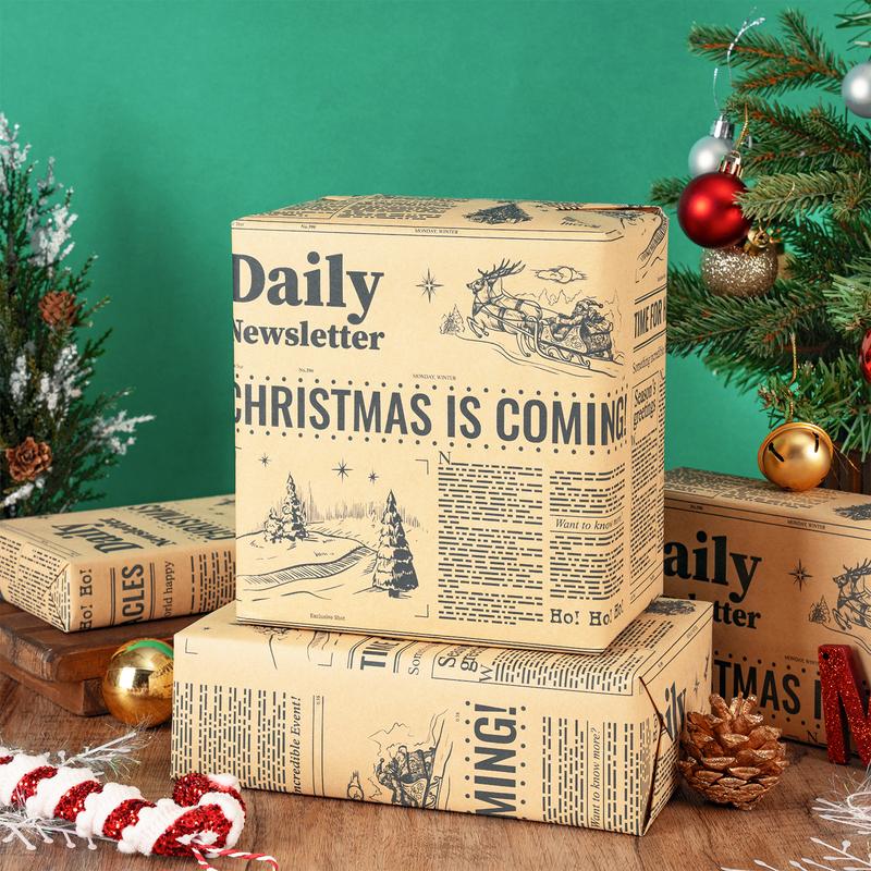 RUSPEPA Vintage Newspaper Christmas Wrapping Paper Roll Mini 17x16.4 Ft with Tree & Festive Design Kraft Gift Wrap for Holiday Party