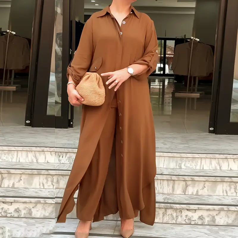 CHICME 2 Pieces Outfit Turn-down Collar Long Sleeve Longline Blouse with Pockets/Elastic Waist Longline Blouse and Pants Set and Casual Elastic Waist Wide Leg Pants Set