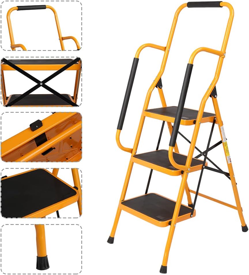 Karlhome 3-Step Staircase with Handrail 300-Pound Folding Step Stool Large Footboard Area Non-Slip Side Handrails for Home Office