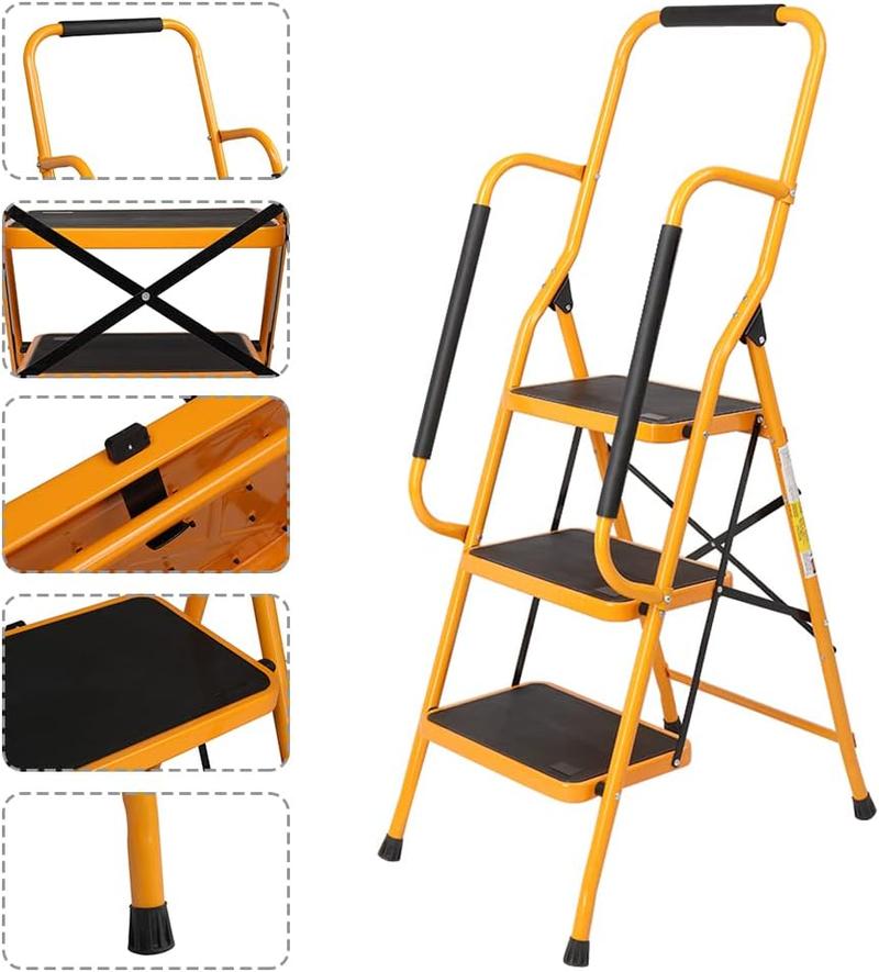 Karlhome 3-Step Staircase with Handrail 300-Pound Folding Step Stool Large Footboard Area Non-Slip Side Handrails for Home Office