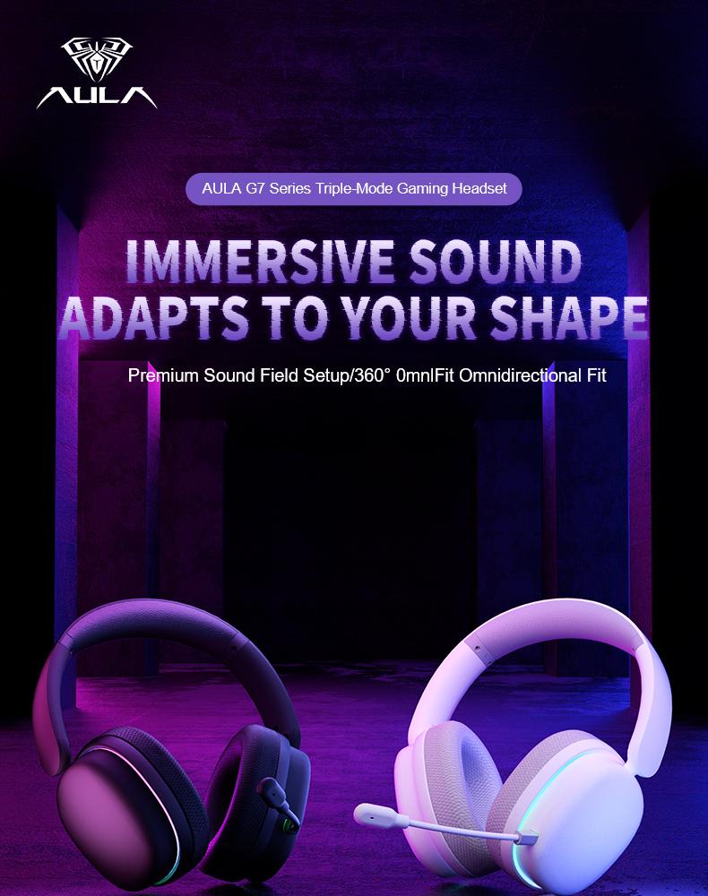 AULA G7 Pro Pink Wireless Gaming Headphones with Mic, 7.1 Surround Sound, Ultra-Low Latency, RGB Over-Ear with Noise-Canceling Mic