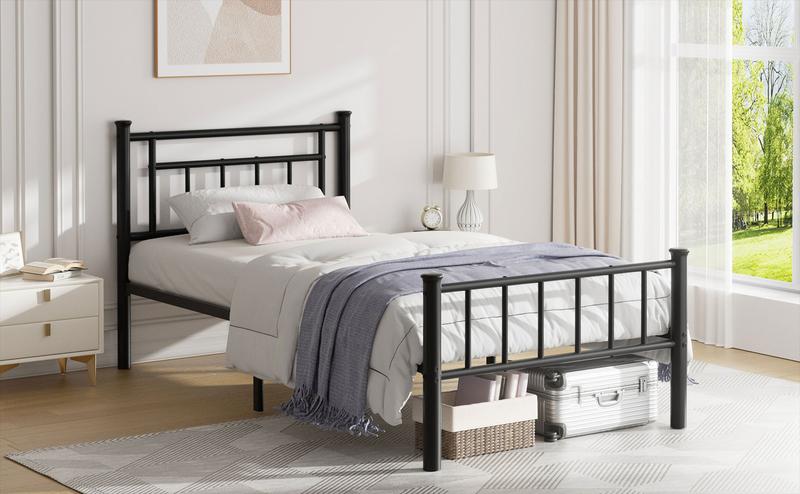 Walsunny Platform Minimalist Bed Frame with Classic Design Headboard and Footboard, Strong Metal Slat Support & Underbed Storage Space, Black Queen Size