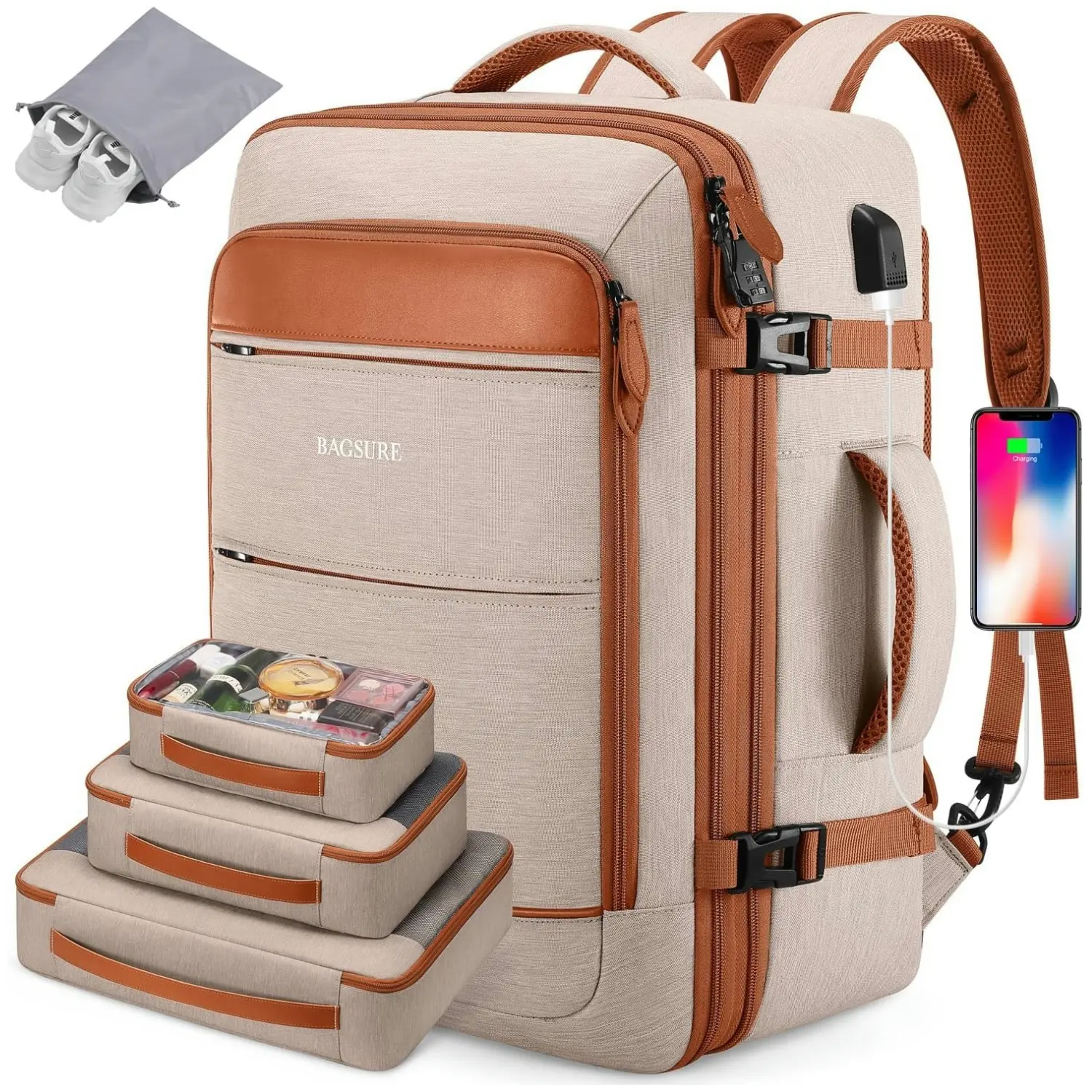 BAGSURE 42L Flight Approved Expandable Carry On Luggage Backpack - Casual Style with Hidden Straps, Packing Cubes, No Wheels/Handle, Personal Item for Women On the Road, Casual Travel Backpack, Durable Backpack tiktokshopbacktoschool