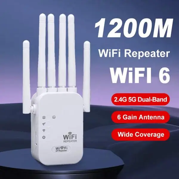 WiFi Range Extender, 1200Mbps Dual Band 2.4GHz-5GHz External Signal Booster with 6 High-Gain Antennas for Wide Home Areas, TVs, Libraries & Coffee Shops, Wifi Booster