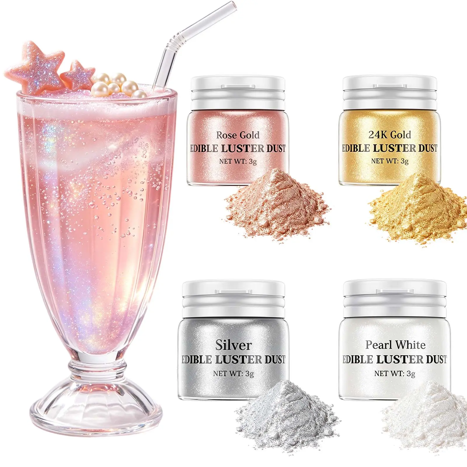 4 Food Grade Glitter Luster Dust 3g Bottle Shimmer Cake Dust Metallic Coloring Powder for Bake, Cake,Treats Decor Fondant& Childrens Day Christmas Birthday Parties ChocolateCoveredTreats,Candy, Drinks, Cookie Decor