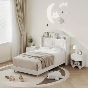 Upholstered Velvet Platform Bed Frame with Wingback Headboard, Bookcase Storage Headboard + LED Lights App/Remote Control