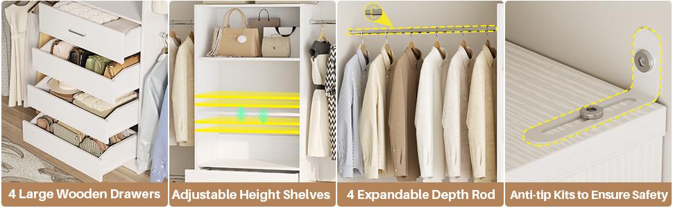 75''-115'' W Adjustable Closet System with 4 Wooden Drawers and 4 Hanging Rods, Modern Sturdy 4-9FT Walk-in Closet Organizer with Strorage Shelve
