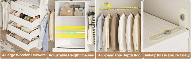 75''-115'' W Adjustable Closet System with 4 Wooden Drawers and 4 Hanging Rods, Modern Sturdy 4-9FT Walk-in Closet Organizer with Strorage Shelve