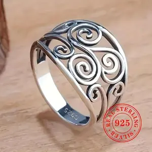 1pc Exquisite S925 Sterling Silver Vintage Leaf Vine Filigree Hollow Ring - Elegant Everyday Casual Party Bohemian Jewelry for Women - Unique Gift Idea for Her, Ladies' Fashion Accessories