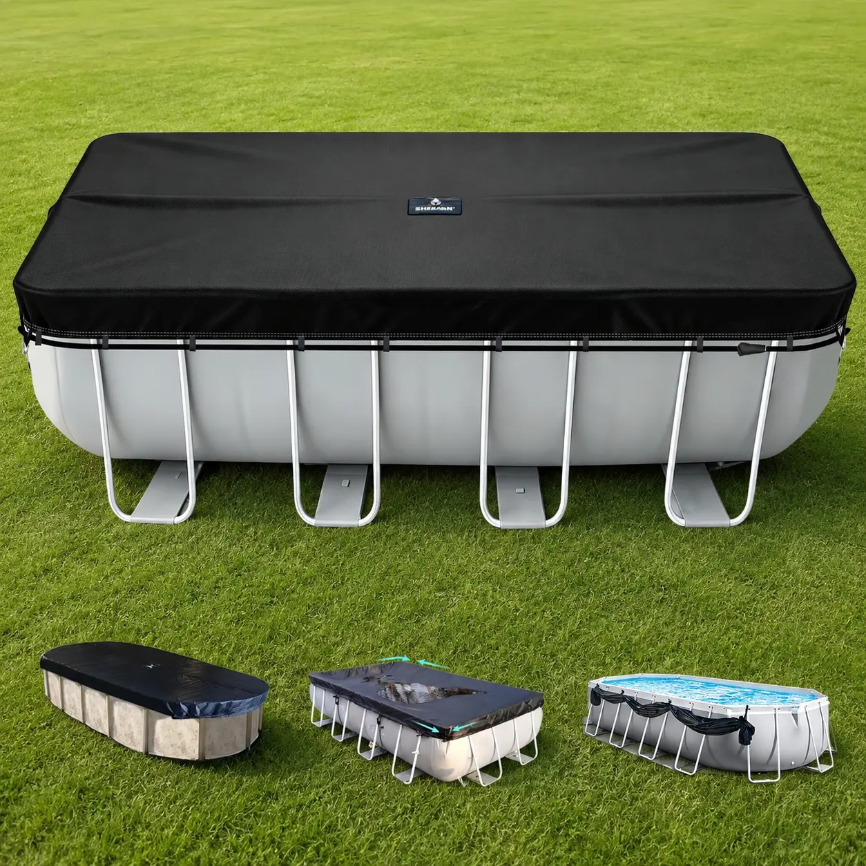 SIHAIAN Rectangular Pool Cover with Side Storage for Oval and Rectangular Above Ground Pool, One-Piece Solar Oval Pool Cover, Preventing Waterlogging, UV and Weather Resistant WP:10000kPa+