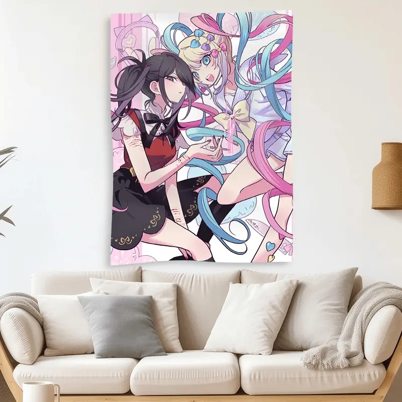 Colorful anime character tapestry wall hanging, polyester fiber room decoration, cute Kawaii Bohemian style simple bedroom and dormitory decoration, perfect for anime fans with vibrant pink design, including free accessories,