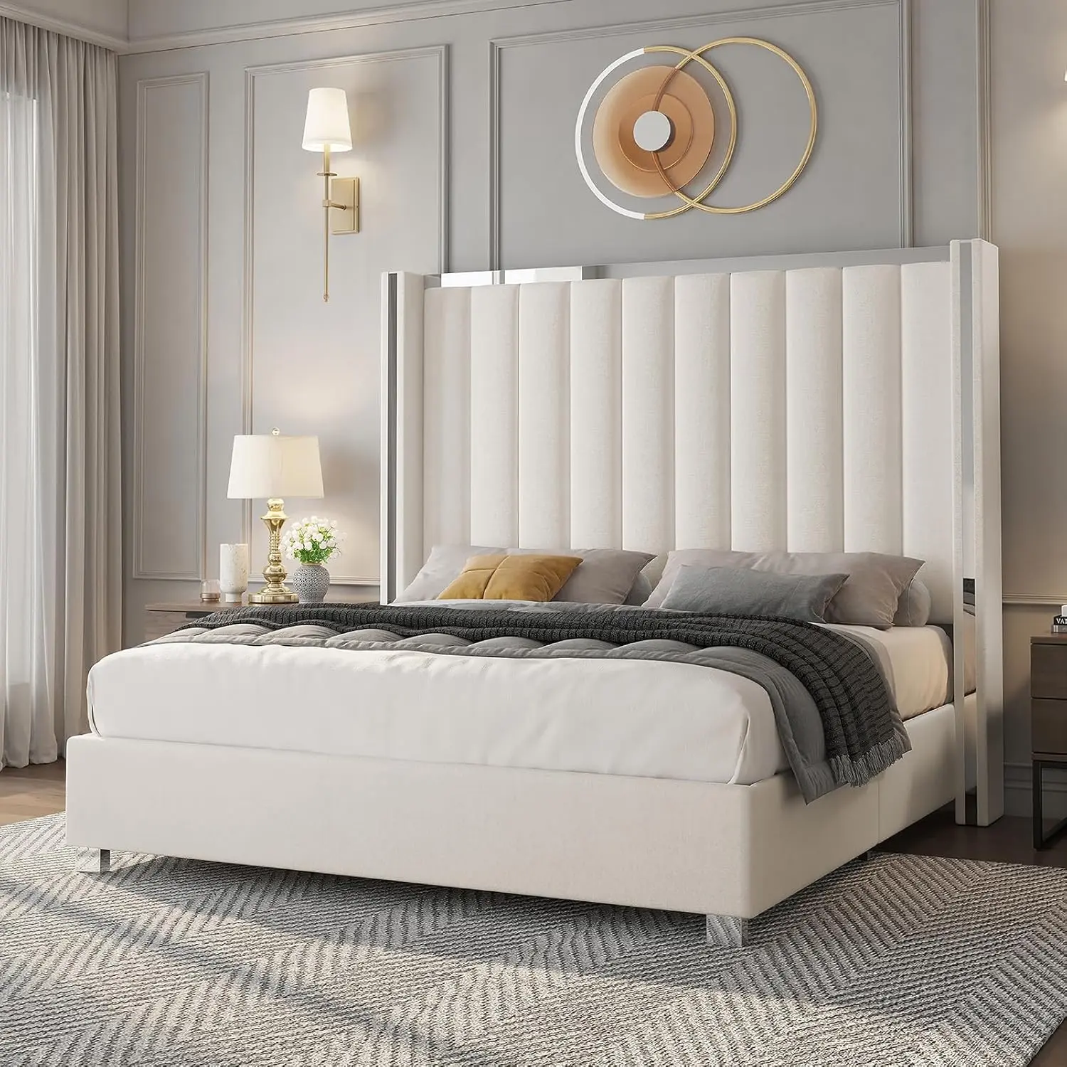 Amerlife Queen Upholstered Platform Bed Frame - 58" Tall Channel Tufted Wingback Headboard, Velvet Upholstery, Durable, No Box Spring Needed, Luxury Indoor Apartment Furniture, Home Decor Gift, Queen Bed Frame #homemakeover