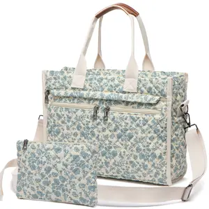 Quilted Tote Bag for Women, 14 Pockets, Large Teacher Crossbody Handbag, Floral Cotton Laptop Purse for Work College Travel