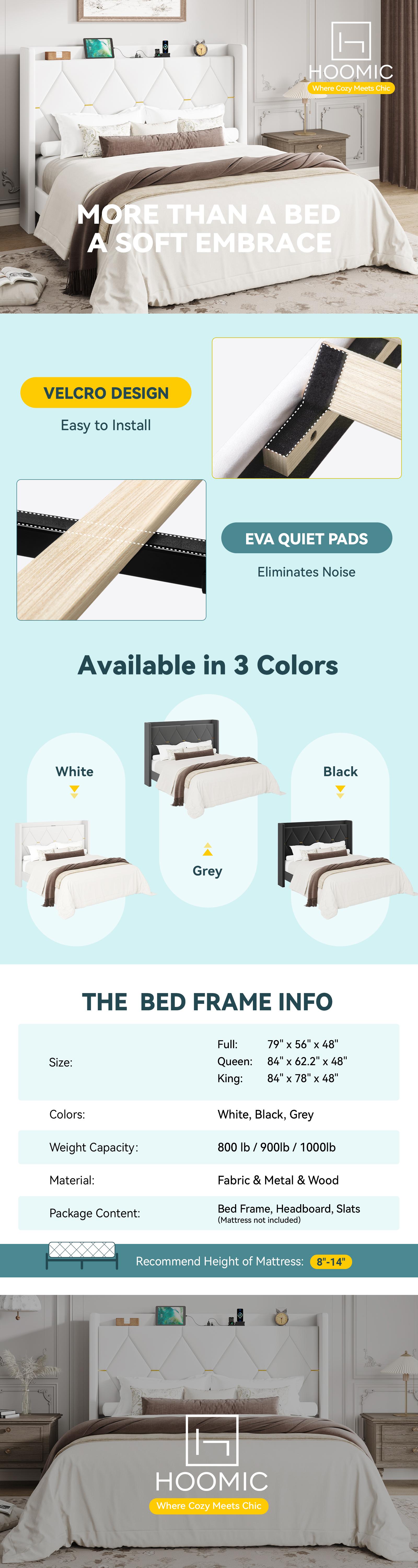 HOOMIC Modern Velvet Upholstered Platform Bed Frame【Frame Only No Mattress】with USB Charging Station and Storage Headboard-Full/Queen/King Size,Diamond Tufted Wingback Design with Gold Trim,No Box Spring Needed,Grey/White/Black