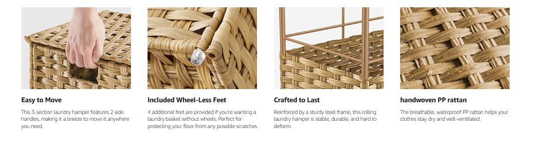 SONGMICS Laundry Hamper with Lid, Large Capacity, Rolling Laundry Basket with Wheels, 3-Section Synthetic Rattan, Removable Liner SONGMICS Laundry Hamper with Lid, Large Capacity, Rolling Laundry Basket with Wheels, 3-Section Synthetic Rattan, Removable Liner