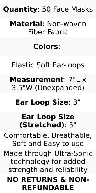 50 Pack 3 Ply Assorted Colors Disposable Face Mask Non Woven Mask with Ear Loop