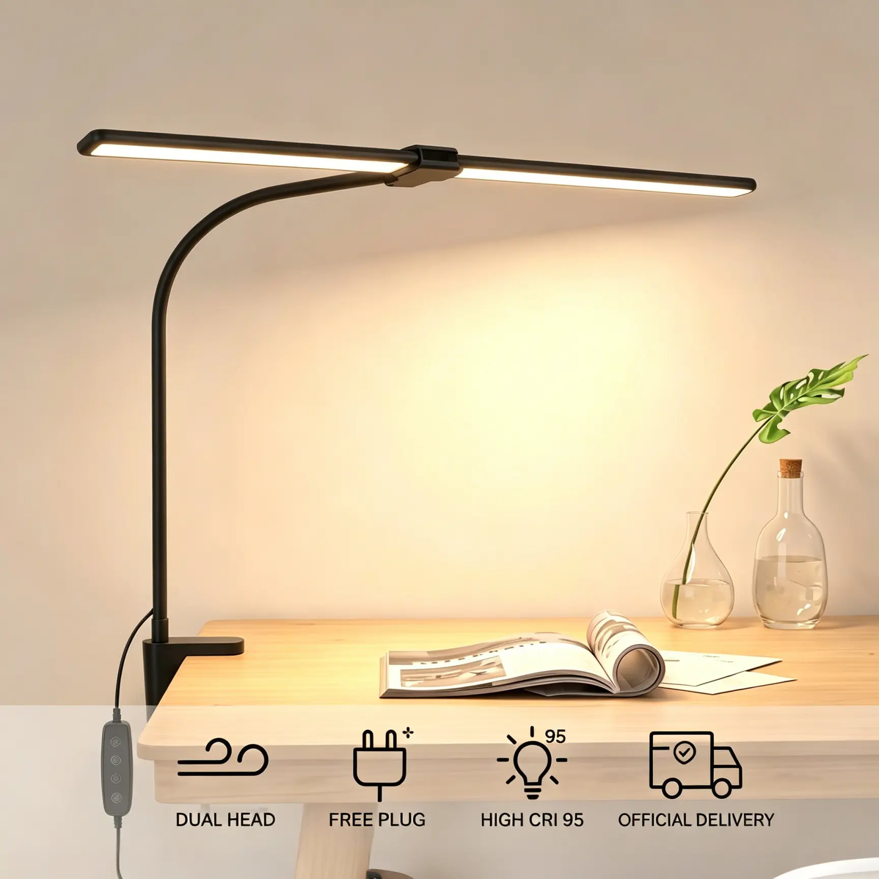 LED Desk Clip Lamp - Flexible Eye-Care Dual-Head with 360° Gooseneck Aim, Flicker-Free, Adjustable RGB Lighting, High RA98 Color Rendering, Light Up Your Space, Portable Desktop Clip Lights for Office & Study