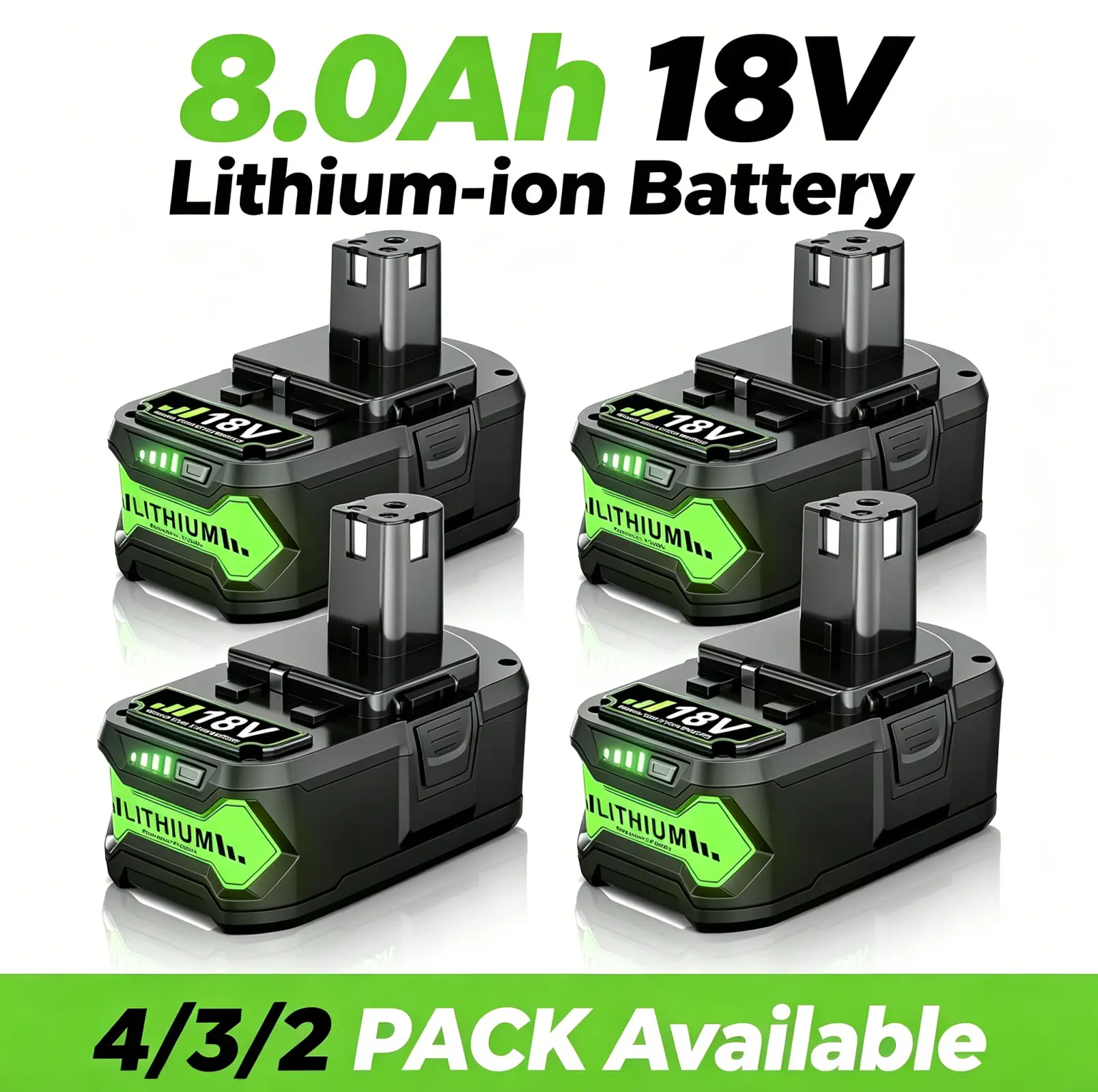 4/3/2Packs 8.0Ah Lithium ion Battery Replacement for Ryobi 18V Battery Cordless Tools P108 P107 P105 P104 P103 P102