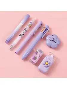 7 Pcs Cute Stationery Set Kawaii School Supplies Office Supplies Including Ballpoint Pens Pencil Sharpener Highlighter Correction Tape Ruler Utility Knife