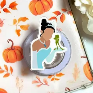 Modern Fairytale Princess Phone Holder - Aesthetic Light Blue Gown Griptok with Frog Detail - Unique Minimalist Character Phone Grip - Charming Tech Gift for Her - Decorative Smartphone Stand