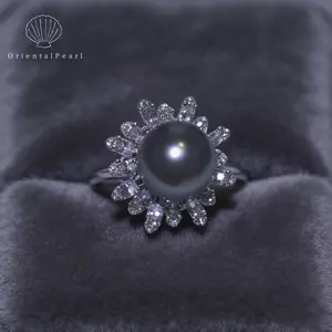 Ring02-BT Saltwater Pearl ring Natural Black Tahitian with Bling Diamond Sterling Silver S925 Accessory gifts for Girlfriend Wife