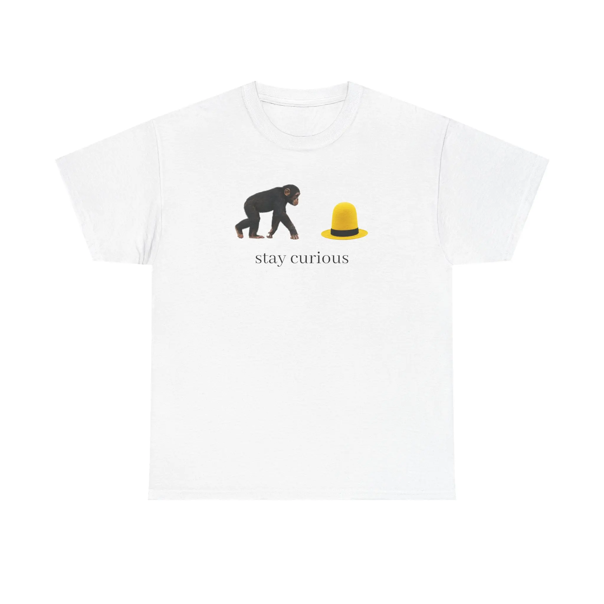 Monkey and Yellow Hat T-Shirt | stay curious, Tshirt, Cotton, Streetwear, Ribbed, Fabric, Graphic, Round Neck, Tee, Oeko-Tex Safe, Year Round, Shortsleeve, Solid