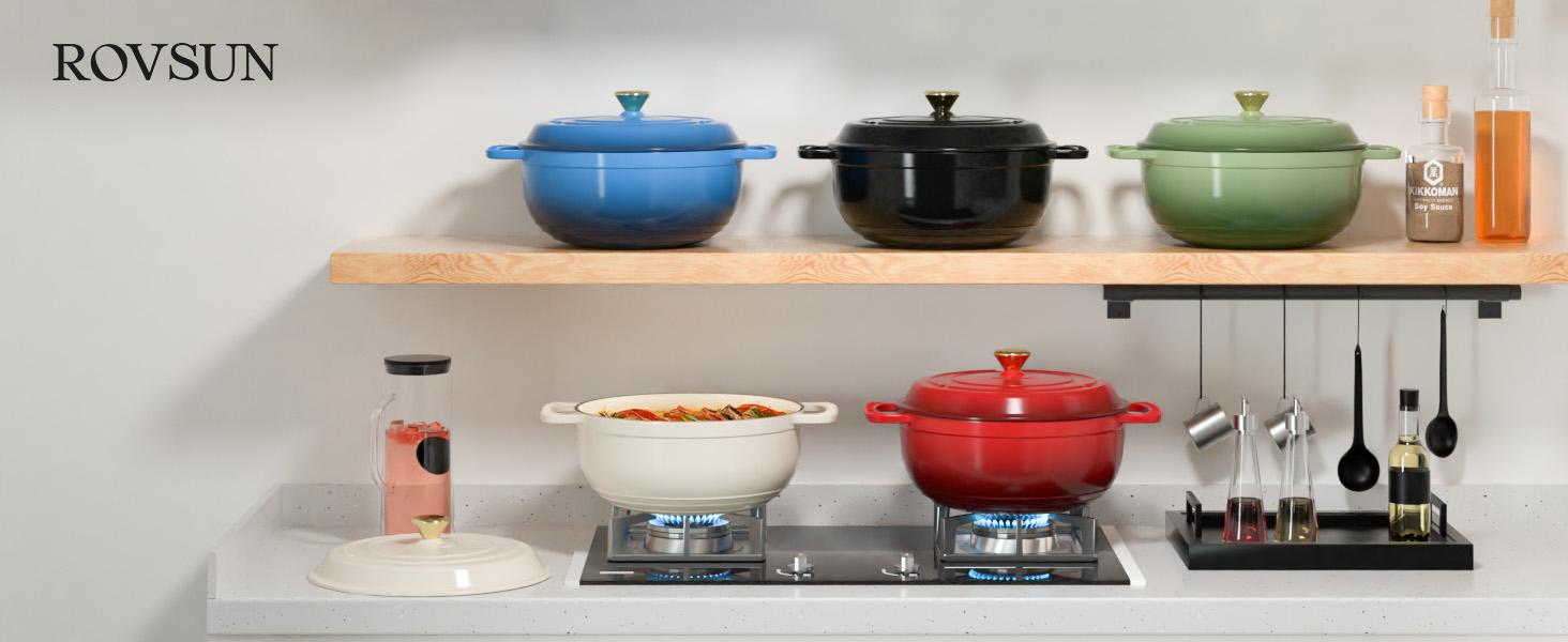 ROVSUN Enameled Cast Iron Round Dutch Oven, 5/6/7.5QT Pot with Lid &Dual Handles with Silicone Gloves,Oven Safe up to 500°F, Heavy-Duty Pre-Seasoned Cookware for Bread Baking, Braising, Stews, Roasting,TikTokShopBlackFriday SpringStatements