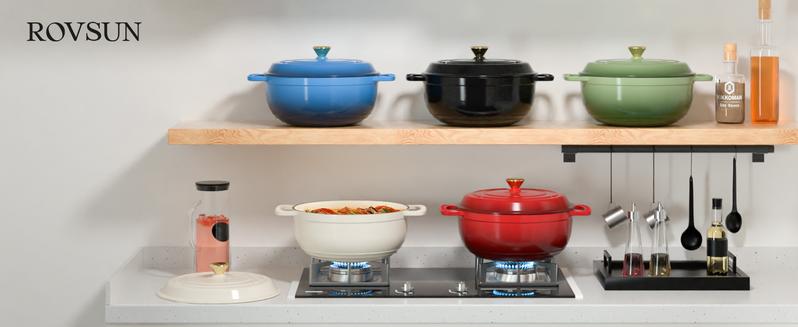 ROVSUN Enameled Cast Iron Round Dutch Oven, 5/6/7.5QT Pot with Lid &Dual Handles with Silicone Gloves,Oven Safe up to 500°F, Heavy-Duty Pre-Seasoned Cookware for Bread Baking, Braising, Stews, Roasting,TikTokShopBlackFriday