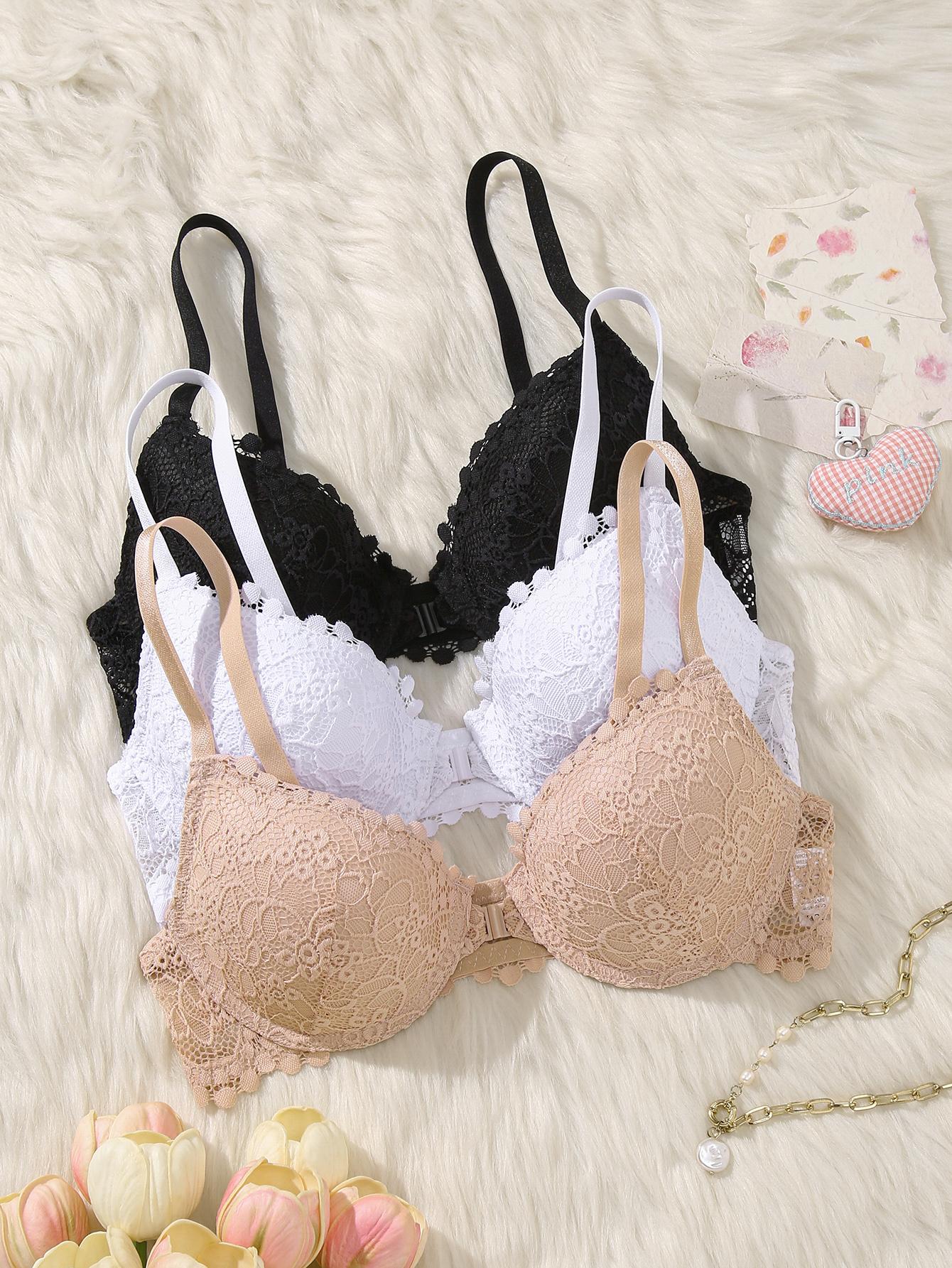 3PCS Women's Front Closure Push-Up Bra , Adjustable Straps, Sexy Elegant Lace Bras for Women, Soft Comfortable Breathable Everyday Wear Holiday Essential