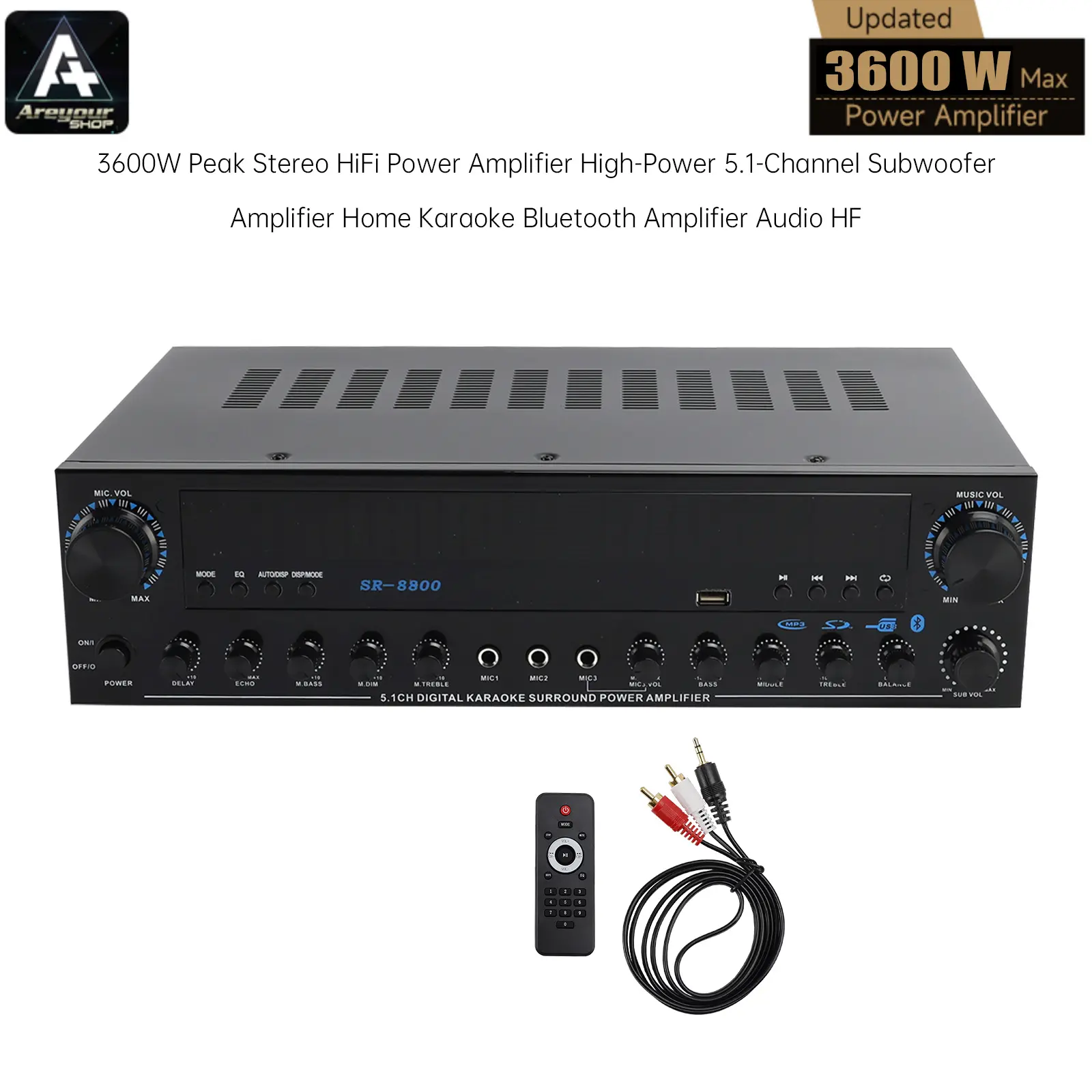 3600W Peak Stereo HiFi Power Amplifier High-Power 5.1-Channel Subwoofer Amplifier Home Karaoke Bluetooth Amplifier Audio HF