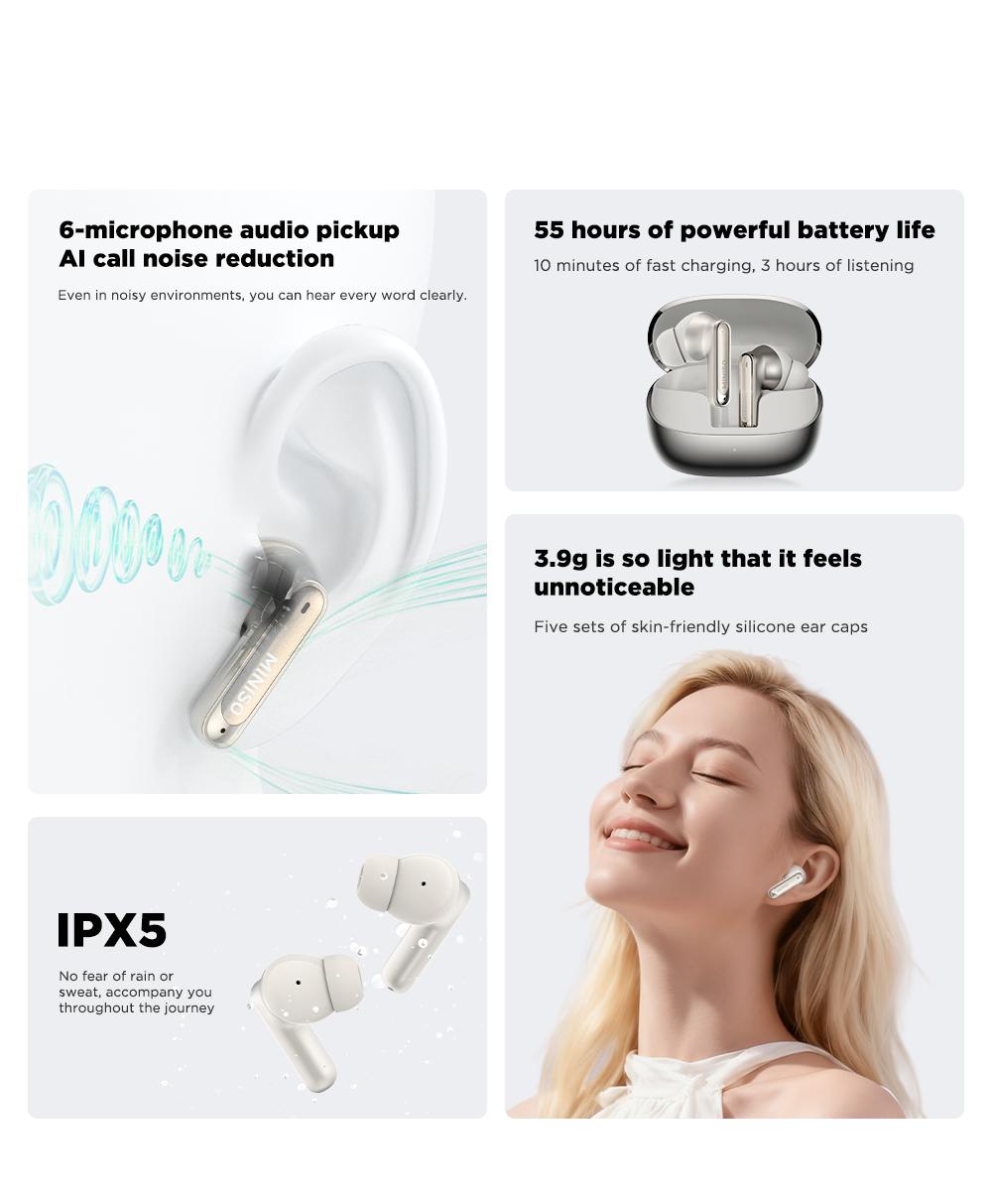 MINISO MS106 Wireless Earbuds Bluetooth 6.0 Earphones, In Ear Earbuds,Waterproof Wireless Earphones, Suitable for Office, Sports, Study and Audio Calls, Built in Microphone, Gaming Bluetooth Headphones
