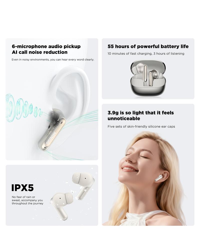 MINISO MS106 Wireless Earbuds Bluetooth 6.0 Earphones, In Ear Earbuds,Waterproof Wireless Earphones, Suitable for Office, Sports, Study and Audio Calls, Built in Microphone, Gaming Bluetooth Headphones