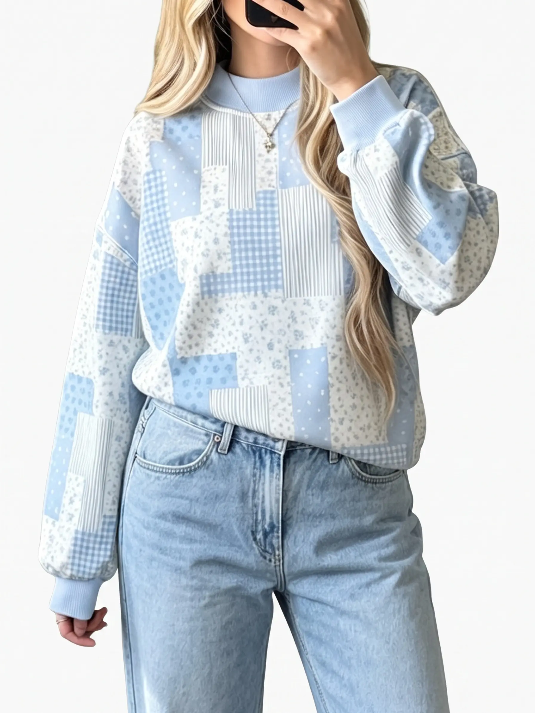 Women's Mock Neck Sweatshirts Patchwork Floral Print Long Sleeve Pullover Tops Drop Shoulder Casual Loose Fit Shirts