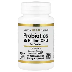 California Gold Nutrition Probiotics with Lactobacillus acidophilus, Bifidobacterium lactis, Lactobacillus plantarum, and Lactobacillus casei, 10 Strain Blend, 25 Billion CFU, 60 Veggie Capsules