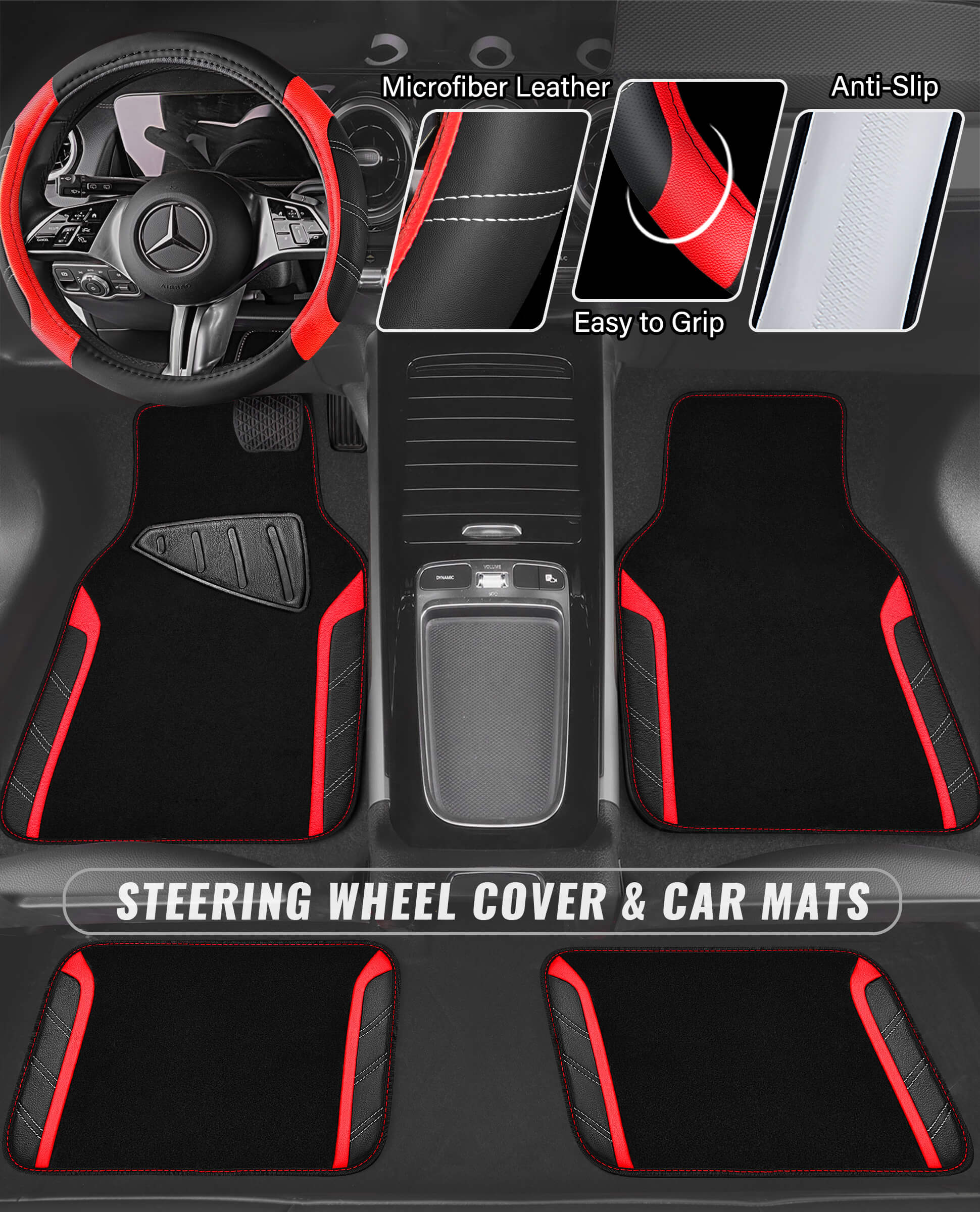 CAR PASS 5pcs Leather Steering Wheel Cover and Waterproof Car Floor Mats,fit for 95% Sedan,SUV,Cars,14.5-15inch Sporty Anti-Slip Safety Comfortable CAR PASS 5pcs Leather Steering Wheel Cover and Waterproof Car Floor Mats,fit for 95% Sedan,SUV,Cars,14.5-15inch Sporty Anti-Slip Safety Comfortable