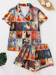 Two-piece check print pajama set for women, including a short-sleeved stand-up collar top and a pair of shorts, suitable for all seasons.