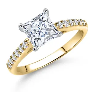 Gem Stone King 10K Two Tone Gold Princess 6MM Gemstone Birthstone and Lab Grown Diamond Engagement Ring For Women | Wedding Anniversary Promise Ring For Women | Size 5,6,7,8,9