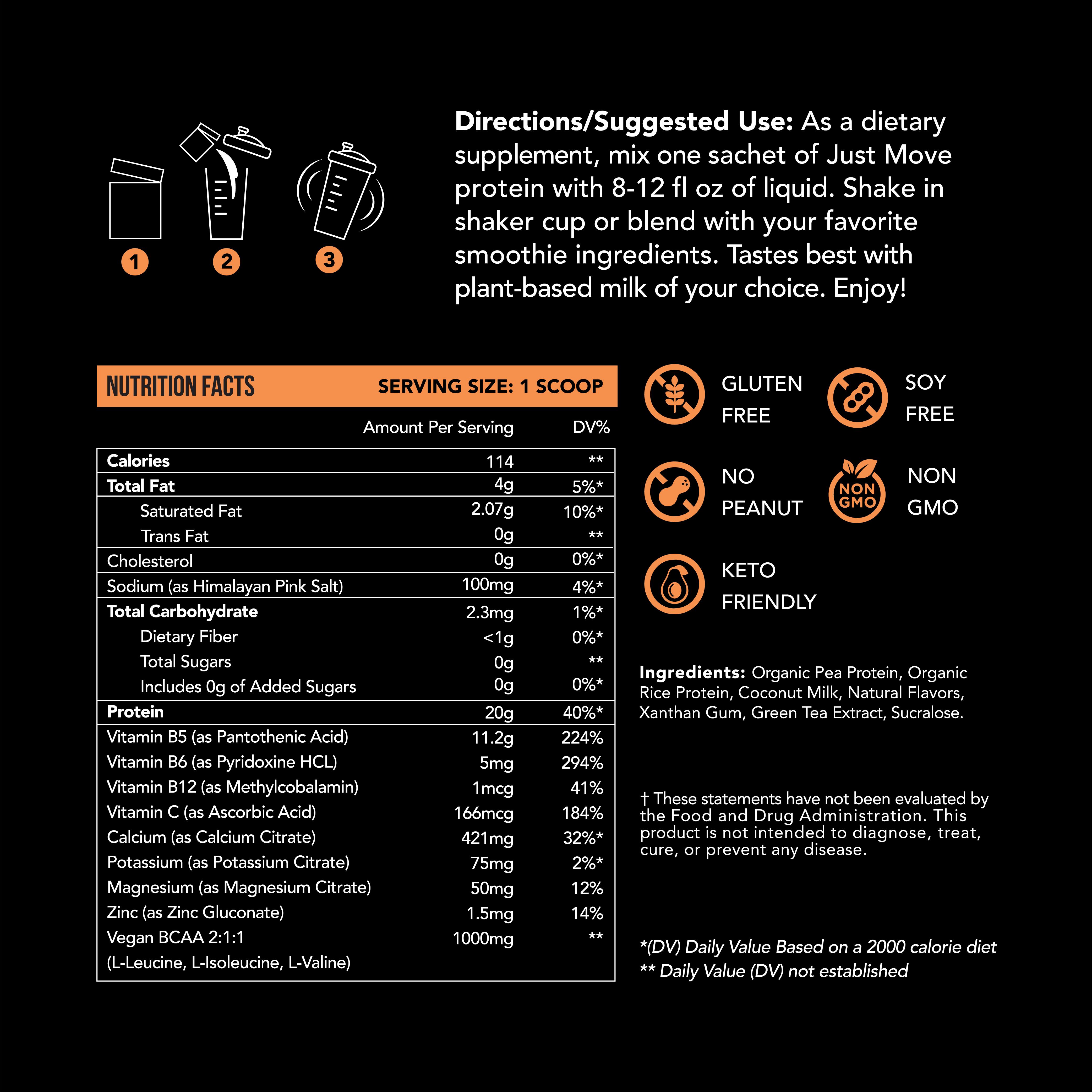 Just Move Protein Sample 7 Pack - Vegan (Plant Based) Organic, Dairy Free, Soy Free, Gluten Free, Keto, Peanut Free, 20g -22g Protein, Low Carb, Non GMO supplements fitness dietary supplement post-workout recovery Edible Flavor Healthy Multi Flavors