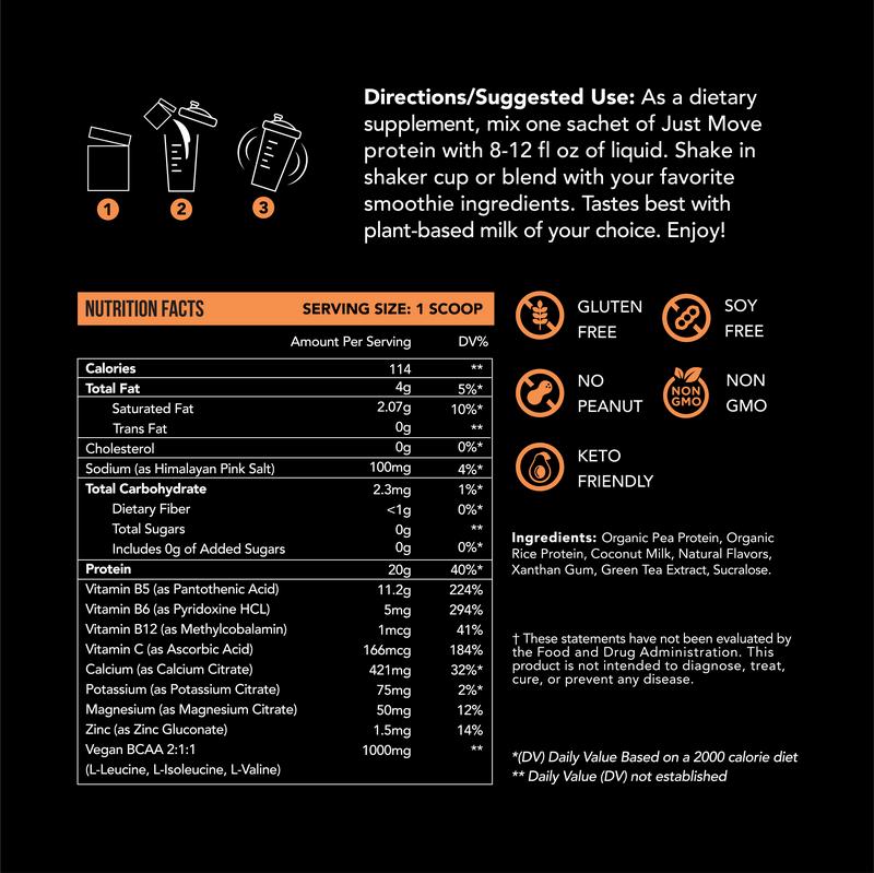 Just Move Protein Sample 7 Pack - Vegan (Plant Based) Organic, Dairy Free, Soy Free, Gluten Free, Keto, Peanut Free, 20g -22g Protein, Low Carb, Non GMO supplements fitness dietary supplement post-workout recovery Edible Flavor Healthy Multi Flavors